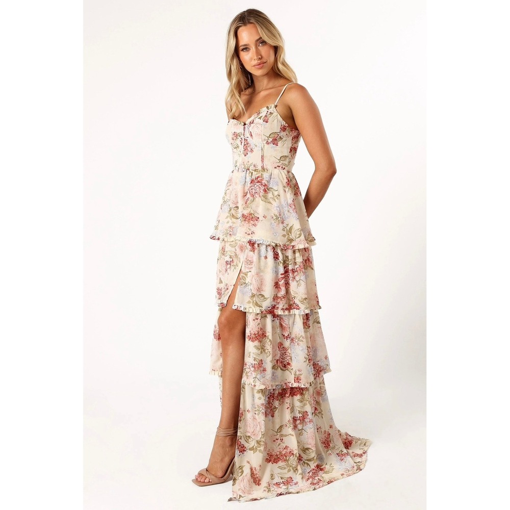 Petal & Pup Floral Tiered Maxi Dress in Cream and Pink